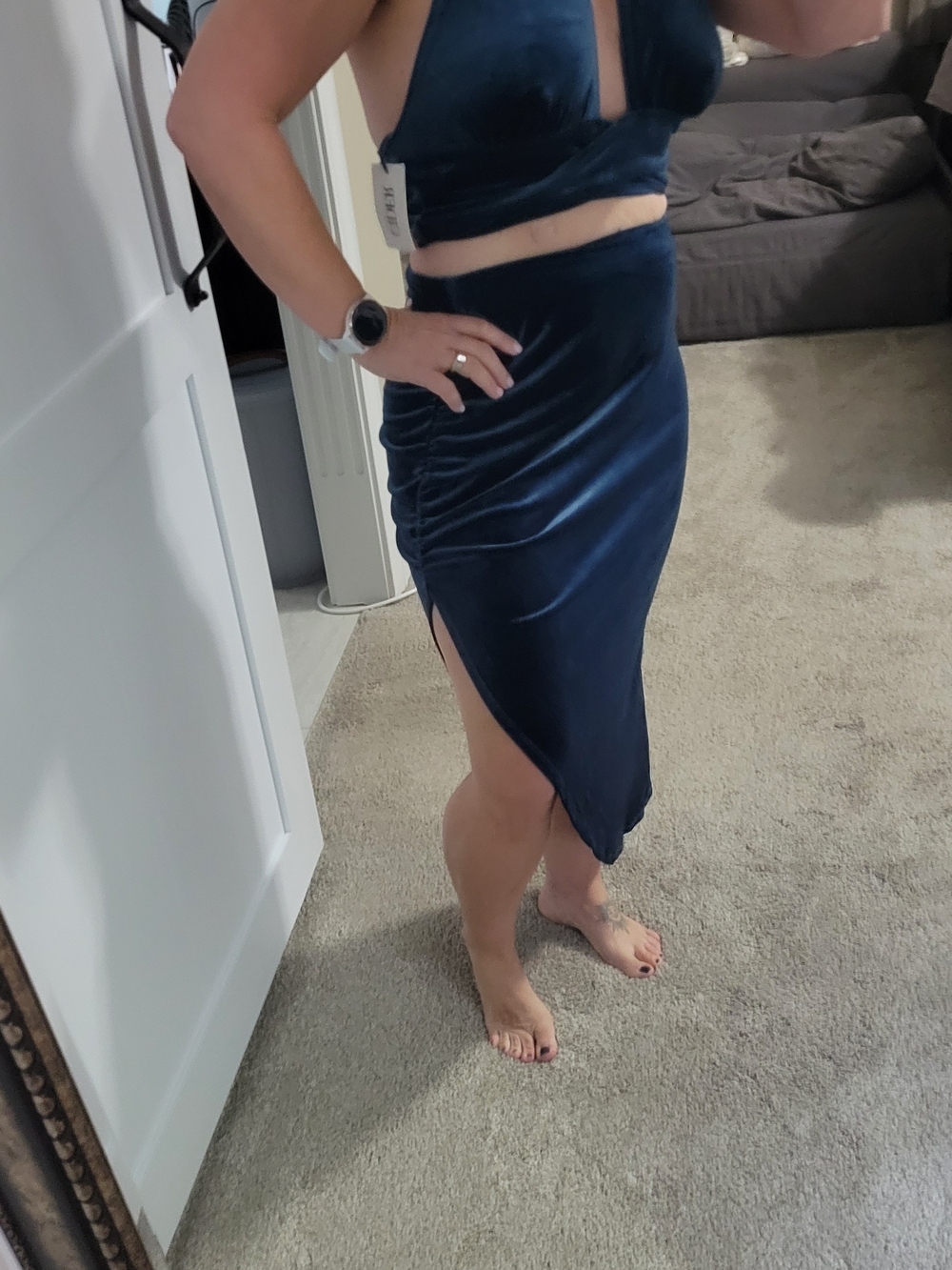 Velvet Navy Ruched Asymmetrical Midi Skirt Halter Top Set. NWT